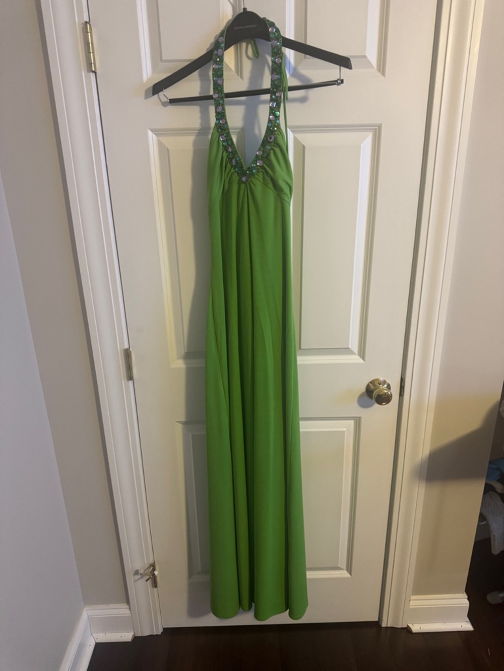 Morgan & Co. Lime Green Halter Backless Evening Gown